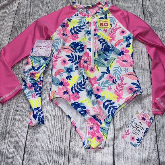 Tommy Bahama Girls Size 5 Pink Floral Long Sleeve Rash guard Swimsuit NEW - Picture 1 of 3